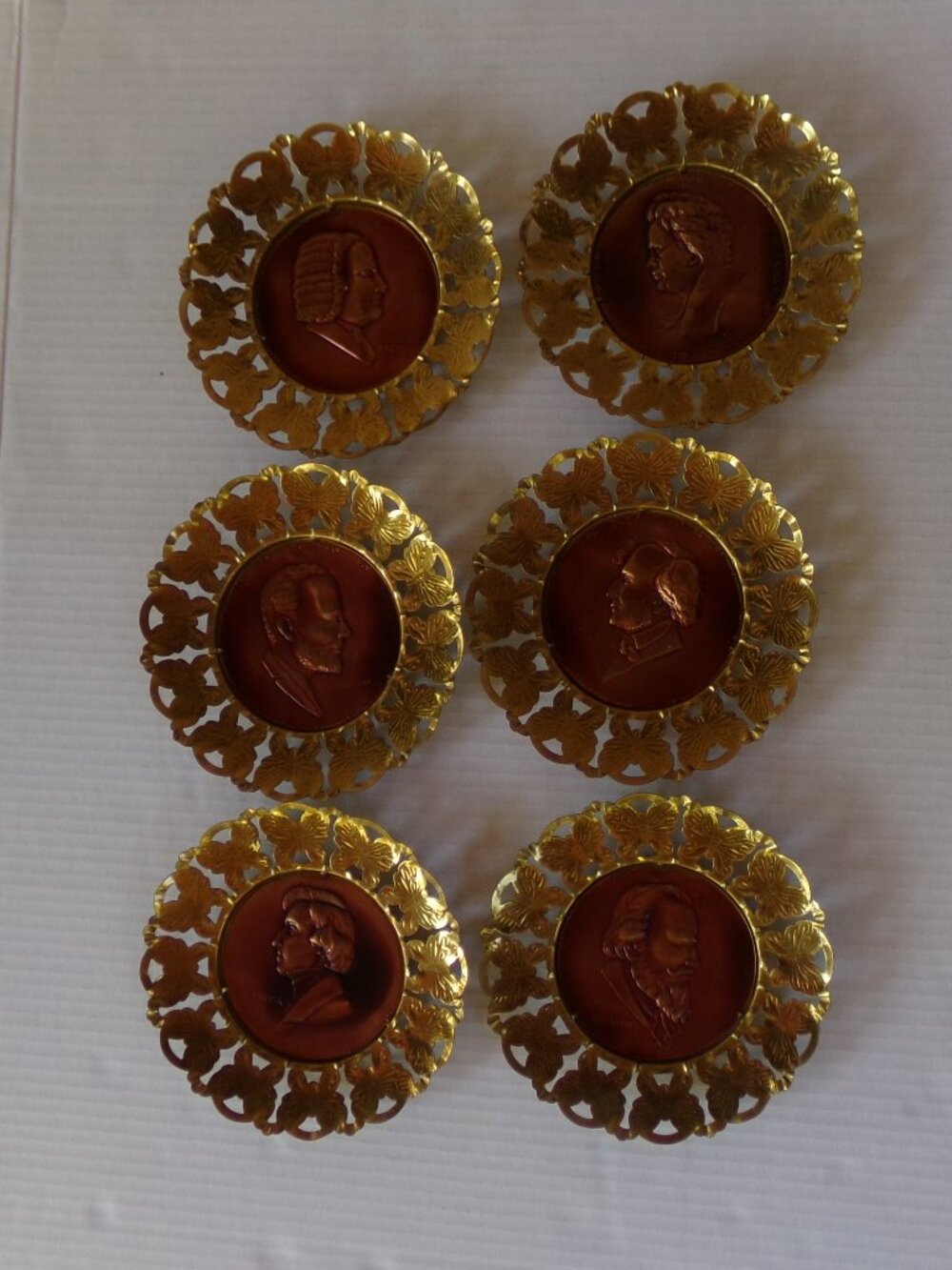 Vintage 6 Copper Brass Beethoven Bach Chopin Plates Art Wall Decor Hanging